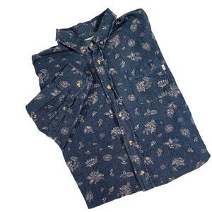 Obey Propaganda Chambray Button‎ Down Longsleeve Shirt Lg Blue With Gray Pattern